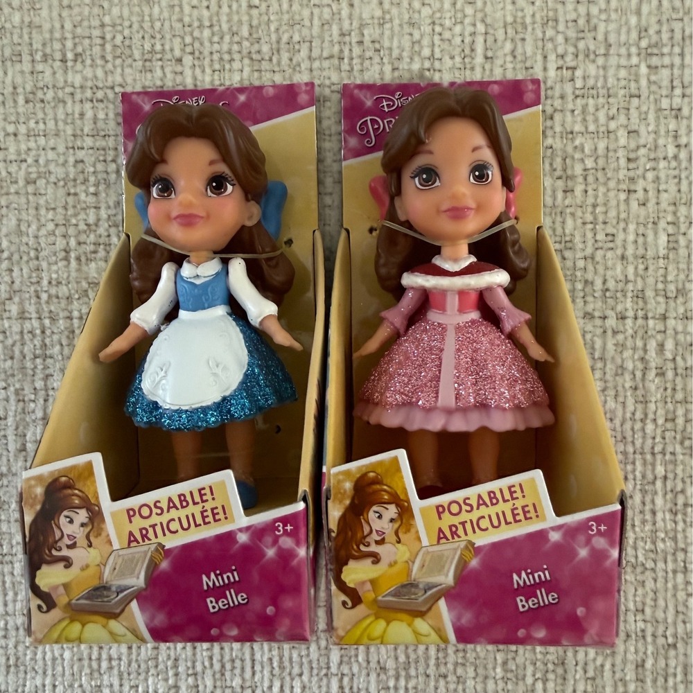 Jakks 2018 Set of 2 Disney Princess Mini 3" Dolls Belle Blue & Pink Dress